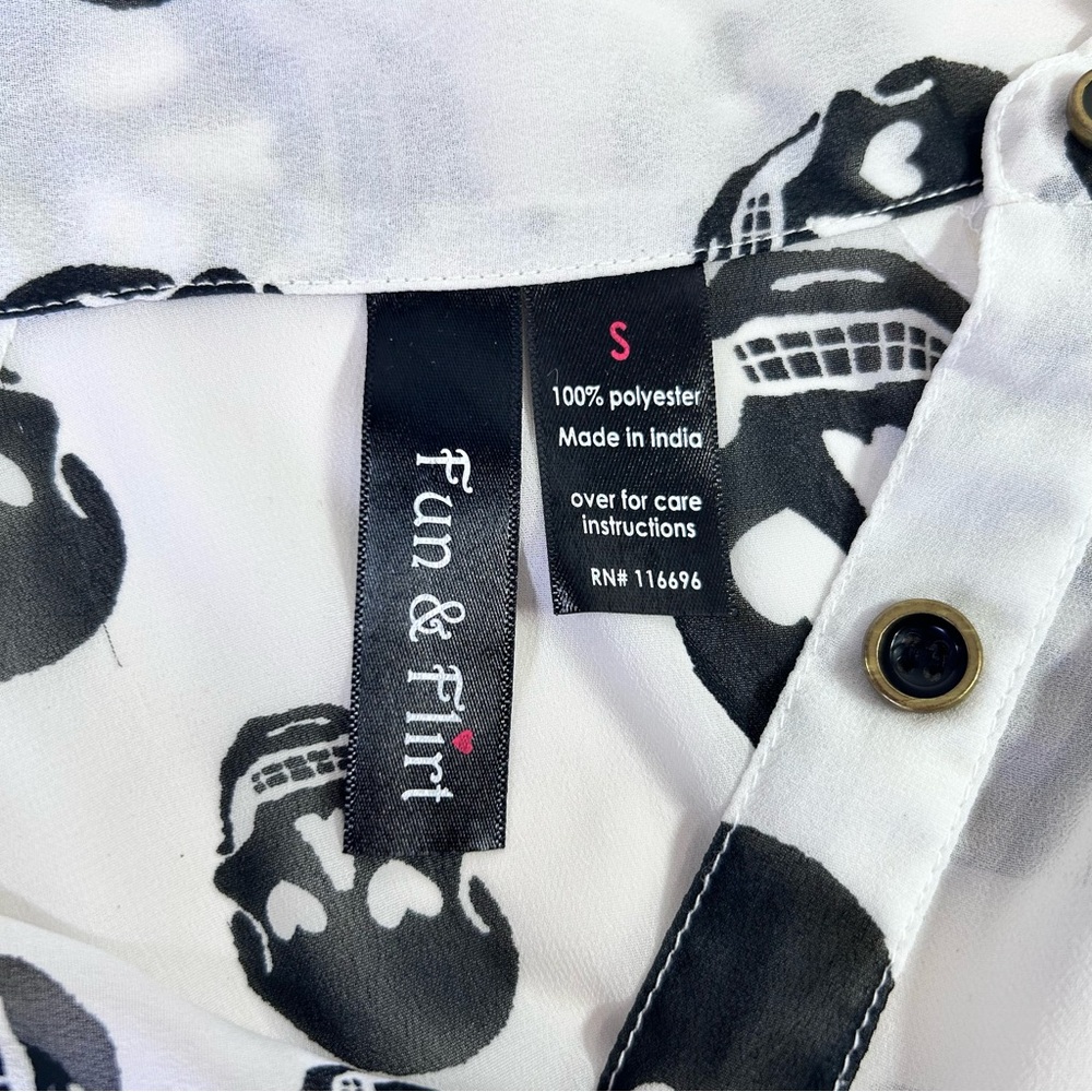 Fun & Flirt Sheer White Blouse, Black Skull Print Long Sleeve Button Down Size S - Picture 3 of 6